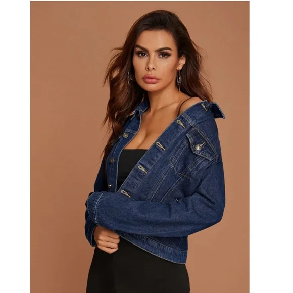 Dark Wash Blue Denim Jean Jacket Classic Button Up / Down Front Pockets - Picture 5 of 9